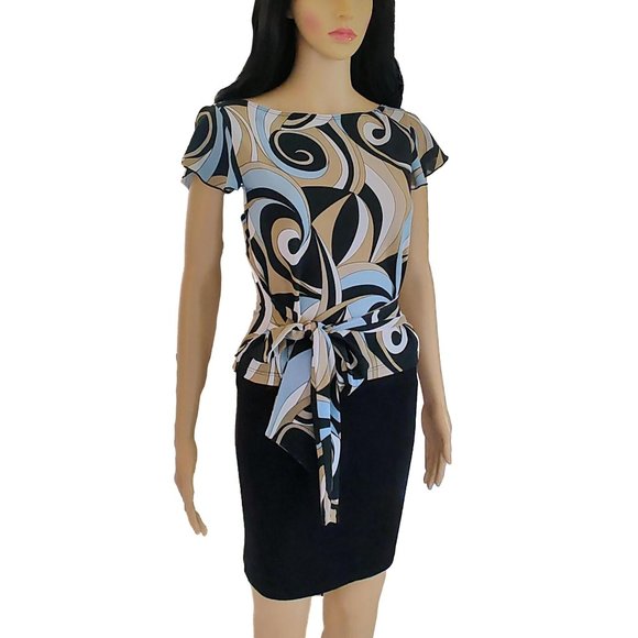 Abstract Multicolor Ruffle Belted Top M - Picture 6 of 12